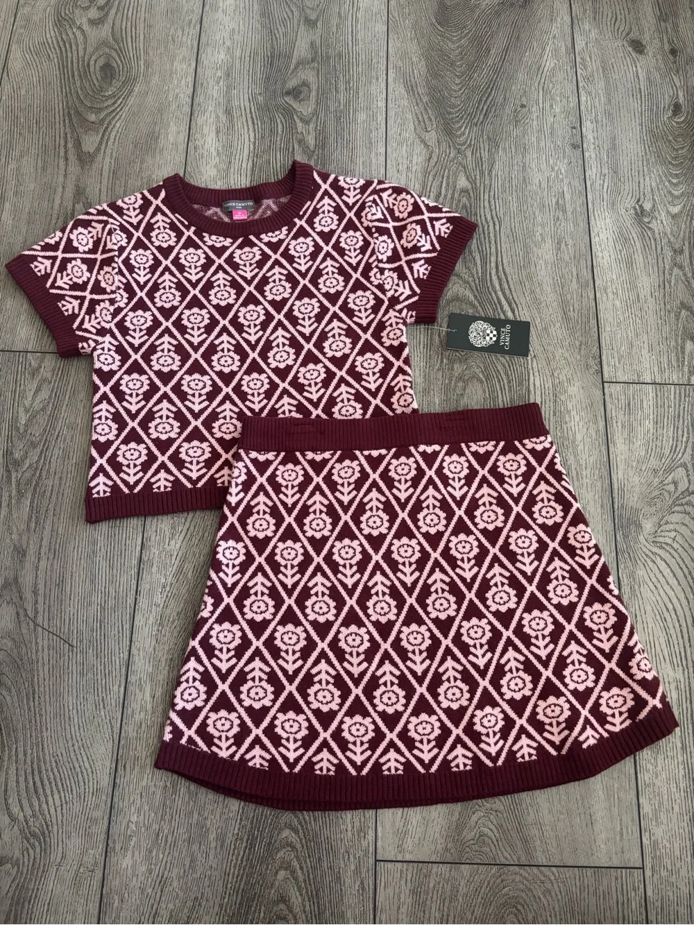 Vince camuto Kids Two-Piece Knit Floral Set - Maroon & Pink